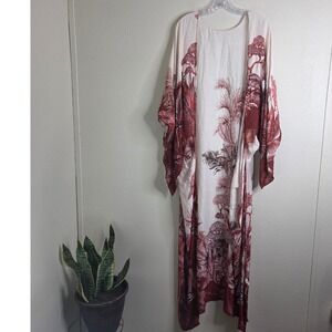 Macchia Di Ruggine Kimono‎ OS Red Boho Tropical Print Cover Up